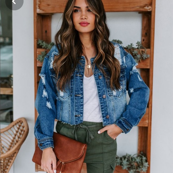 VICI Cropped Distressed Denim Jacket - Picture 1 of 6